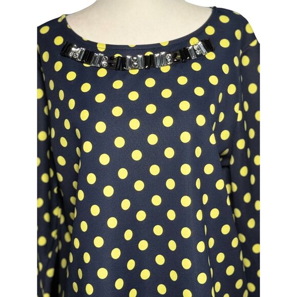 NEW Jaclyn Smith Womens Beaded Polka Dot Top L 3/4 Sleeve Navy/Yellow Stretch - Picture 8 of 10